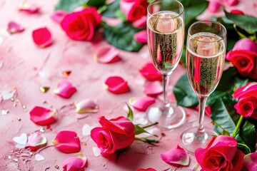 Fototapeta na wymiar Photo of champagne and roses with a pink theme