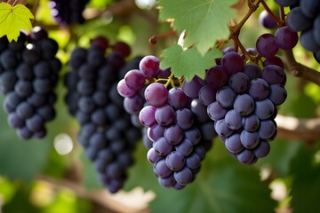 A bunch of ripe, purple grapes with green leaves