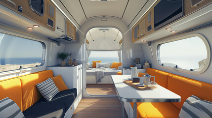 Obraz premium Modern caravans, trailers, and campers feature stylish and functional interior designs with a range of amenities for a comfortable mobile living experience
