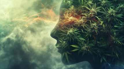 Foto op Aluminium A face profile filled with hemp leaves symbolizes marijuana use. Art becomes a reflection of cultural and social perspectives © sandsun
