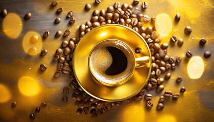 top view of a golden coffee cup with black coffee, beans and golden bokeh
