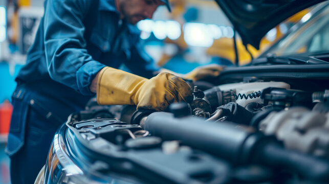 Modern car undergoing repairs at a service station. Skilled technicians working on the vehicle, ensuring its optimal performance