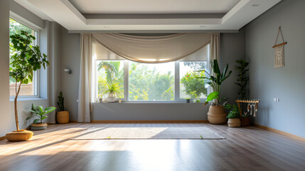 A home yoga studio with minimalist decor and natural light.
