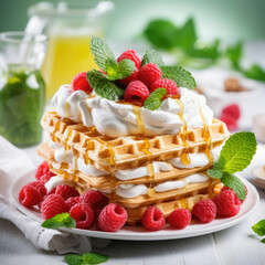 waffles with cream and raspberries, drizzled with honey, mint leaves