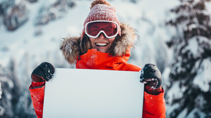 Woman Skier Holding White Signboard in Snowy Setting. - Powered by Adobe
