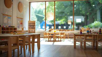 Light class in Montessori kindergarten. wooden children's table with chairs in the foreground