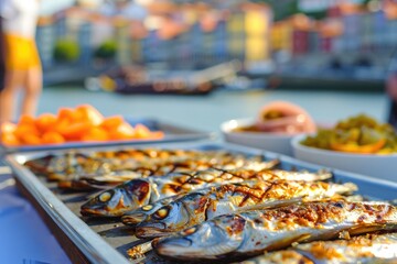 Portuguese Feast: Experience the Festive Atmosphere of a Sardine Festival with Grilled Sardines, Fresh Salad, and Olive Oil, Set Against the Picturesque Backdrop of Porto, Douro River, and Bridges. - obrazy, fototapety, plakaty