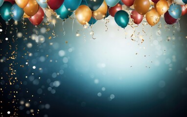 Party elements, including balloons and confetti
