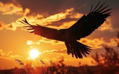 Shot of an eagle silhouette against a vivid sunset wings outstretched