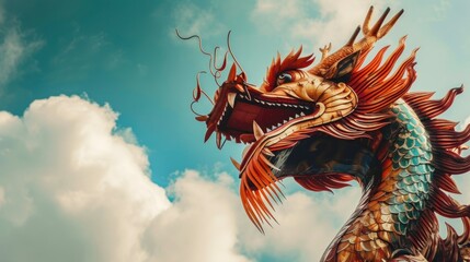 chinese red dragon for chinese new year festival with sky background with white clouds