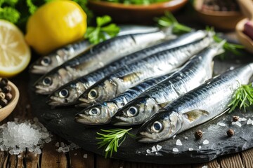Obraz premium Portugal Saints Party: Fresh Sardines Ready for Grilling, Laid on a Table with Ideal Ingredients - Tomatoes, Potatoes, Olive Oil, Salad, Celebrating the Popular Saints in Braga, Porto, Lisbon