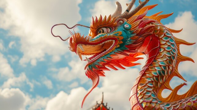 chinese red dragon for chinese new year festival with sky background with white clouds in high resolution