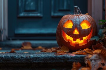 carved and illuminated jack-o-lantern on a doorstep House with halloween orange pumpkin decoration, jack o lanterns with spooky faces on porch