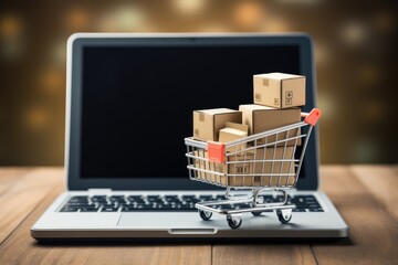 Shopping cart with boxes on the laptop. Online shopping concept, Shopping cart with boxes on a laptop screen, illustrating the concept of online shopping, AI Generated