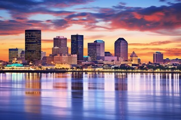 Boston skyline over river at sunset, Massachusetts, United States of America, Skyline of New Orleans with the Mississippi River at Dusk, AI Generated