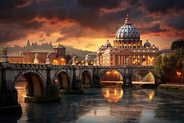 Fototapeta premium St. Peter's Basilica and St. Peter's Bridge at sunset, Vatican City, Rome, Italy, St, Peter's Cathedral in Rome, Italy, AI Generated