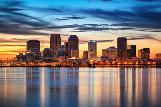Boston skyline at sunset with reflection in the water, Massachusetts, USA, Skyline of New Orleans with the Mississippi River at Dusk, AI Generated