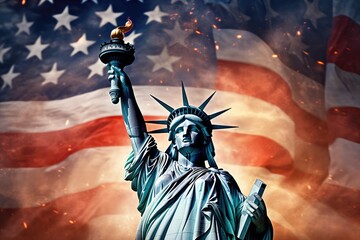 Fototapeta premium Statue of liberty with USA flag background. 3D Rendering, Statue of Liberty with the USA flag and fireworks, celebrating American Independence Day, AI Generated