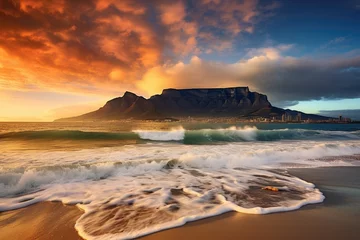 Papier Peint photo Montagne de la Table Beautiful sunset over Table Mountain in Cape Town, South Africa, Sunset Beach near Cape Town, View of Table Mountain, AI Generated