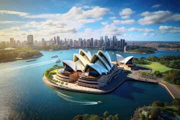Panoramic view of Sydney Opera House from the air, Sydney, Australia, Landscape aerial view of the...