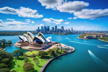 Panoramic view of the Sydney Opera House and the city skyline, Sydney, Australia, Landscape aerial view of the Sydney Opera House near Sydney business center around the harbor, AI Generated