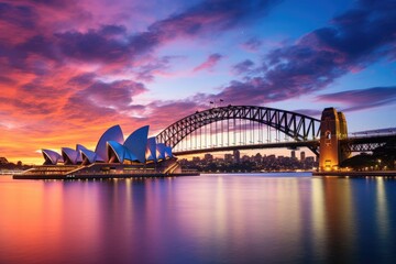 Sydney Opera House and Sydney Harbour Bridge at sunset, Australia, Sydney Opera House and the Sydney Harbour Bridge during twilight, Australia, AI Generated