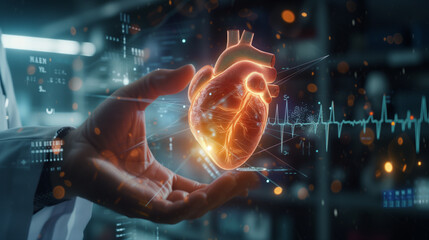 Interactive Heart Activity Concept. A scientist activates a heart hologram, symbolizing advanced neurotechnology. Concept