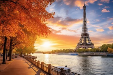 Fototapeta na wymiar The Eiffel Tower stands tall in the vibrant city of Paris, capturing the essence of this iconic landmark, Paris France with River Seine - amazing travel photography, AI Generated