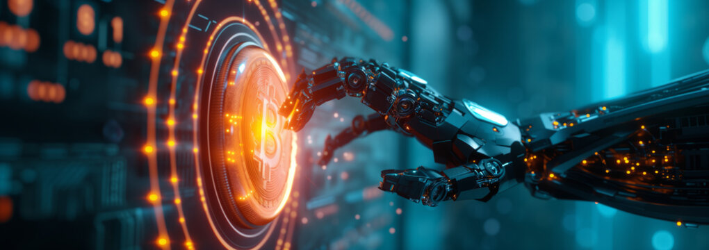 Robotic Hand Engaging Bitcoin. Robotic hand interacts with a glowing Bitcoin symbol, symbolizing advanced cryptocurrency technology.