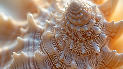 A macro shot of an intricate seashell displaying unique patterns and textures with a shallow depth of field emphasizing its delicate structure.