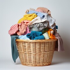 Wicker basket full of colorful clothes on white background