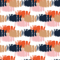 Geometric folk, seamless pattern of multicolored texture stripes. In Scandinavian style. Ethnic vector carpet ornament. Brush strokes. For background design, textiles, packaging