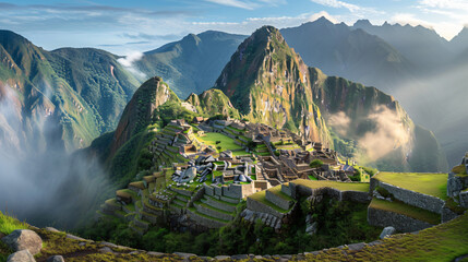 A majestic view of Machu Picchu at sunrise with ancient ruins and misty mountains in the background. - obrazy, fototapety, plakaty