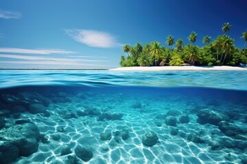 This image captures the mesmerizing underwater scene of a tropical island with swaying palm trees, The Maldives sea scenery, AI Generated