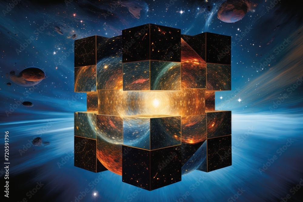 Wall mural a cube suspended in space with a backdrop of distant planets, creating an astronomical scene, time i
