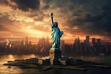 The famous Statue of Liberty, a symbol of freedom, stands tall in New York City, The Statue of Liberty over the scene of New York Cityscape riverside, which is located in lower Manhattan, AI Generated - obrazy, fototapety, plakaty