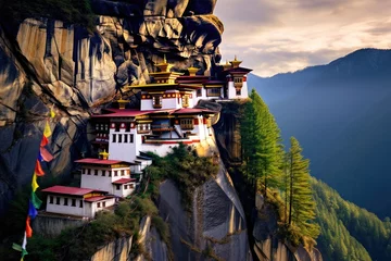 Deurstickers A stunning image of a building standing proudly on a cliff, offering breathtaking views of the surrounding landscape, Tiger's Nest Temple, Paro Valley - Bhutan, AI Generated © Ifti Digital