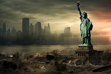 The Statue of Liberty proudly stands in front of a breathtaking city skyline, The Statue of Liberty over the scene of New York Cityscape riverside, which is located in lower Manhattan, AI Generated - obrazy, fototapety, plakaty