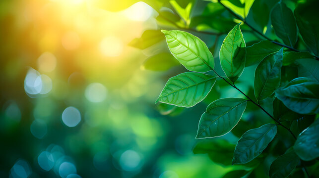 Fotografía de naturaleza con una rama llena de hojas verdes sobre fondo borroso en el jardín y con la luz del sol de frente
