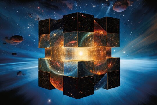 A cube suspended in space with a backdrop of distant planets, creating an astronomical scene, Time in the fourth dimension, the universe, cosmos, infinite, cube, changing, eternity, AI Generated