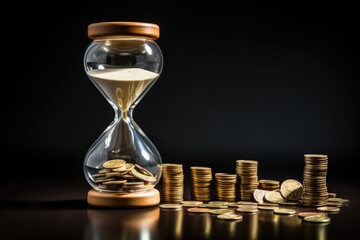 An image of an hourglass filled with coins, next to a stack of coins, representing a money-saving concept, Time is money concept with an hourglass and gold coins on a white background, AI Generated