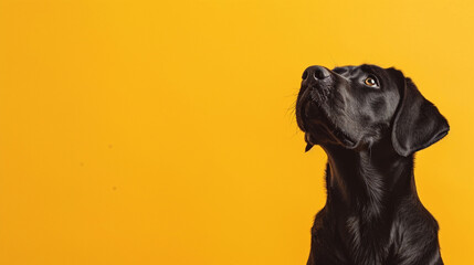 Black handsome dog Labrador retriever sitting looking up or waiting for food 12 months old isolated on a yellow background with copy space.Concept pets love, animal life, humor, raising dogs.