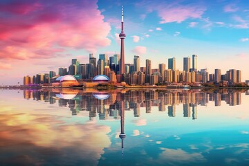 A mesmerizing image capturing the reflection of a city skyline in the calm and tranquil waters, Toronto City Skyline Reflection, AI Generated