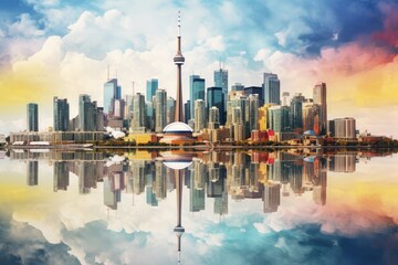 A stunning photograph capturing the reflection of a city in the calm waters, revealing the urban landscape in a unique perspective, Toronto City Skyline Reflection, AI Generated