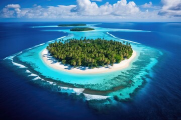 Discover a remote and serene island in the middle of the ocean, a perfect escape for nature lovers and explorers, Tropical island in the Indian Ocean, Maldives, aerial view, AI Generated - obrazy, fototapety, plakaty