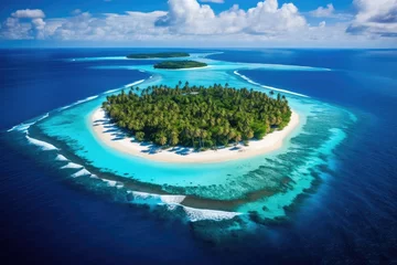 Rolgordijnen Discover a remote and serene island in the middle of the ocean, a perfect escape for nature lovers and explorers, Tropical island in the Indian Ocean, Maldives, aerial view, AI Generated © Ifti Digital