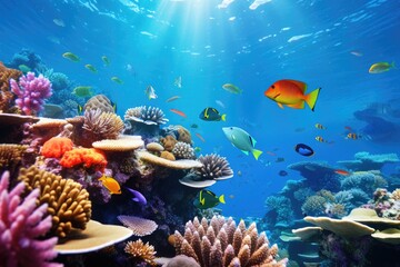 Naklejka na ściany i meble Diverse Fish Species Swimming in a Vibrant Coral Reef Environment, Underwater life of the Red Sea, showcasing a colorful and beautiful underwater world, AI Generated