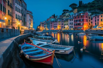 Fototapeta na wymiar Mystic landscape of the harbor with colorful houses and the boats in Porto Venero, Italy, Liguria in the evening in the light of lanterns