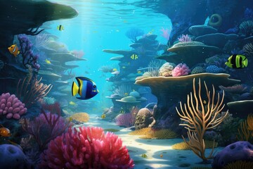 Fototapeta na wymiar Vibrant Underwater Scene With Fish and Corals, Underwater view of a coral reef with various fishes and a yellow butterflyfish, AI Generated