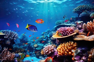 Vibrant Coral Reef Teeming With Tropical Fish in an Underwater View, Underwater life of the Red Sea, showcasing a colorful and beautiful underwater world, AI Generated